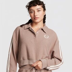Victoria secret pink reverse fleece cropped polo sweatshirt NWT 🤎🥥✨